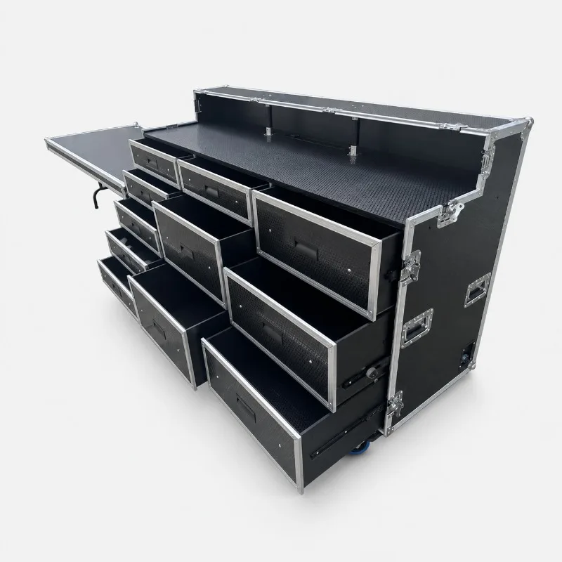 Portable Mobile 11 Drawer Trunk Tool Flight Case with Side Table and Power Socket