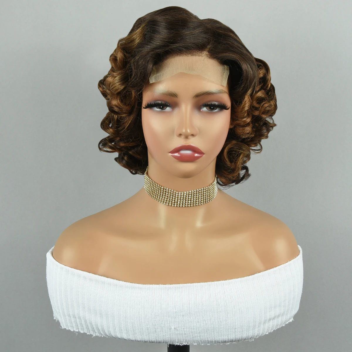 Miss Rola Bouncy Lace Closure Wigs Bouncy Curl 4*4 Lace Closure Human Hair Wigs Highlight Side Part Lace Closure Wigs 10 Inch