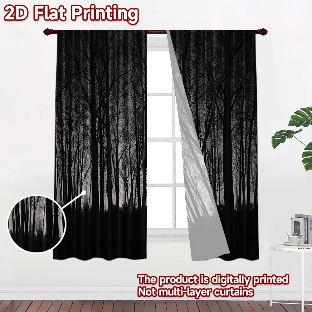 2D flat printing 2pcs Curtain Curtains Dark Forest Silhouettes Digital Printed Polyester Drapes Birthday Party Use for Indoor