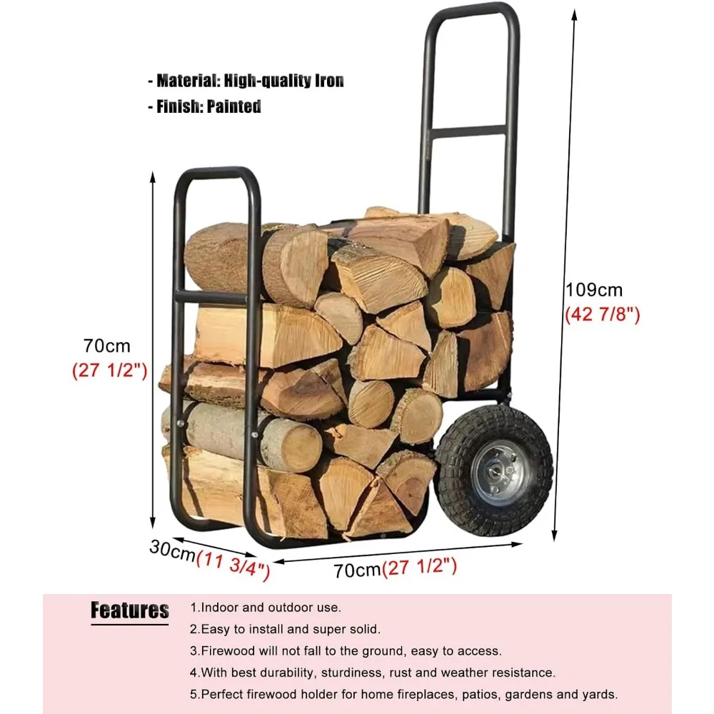 Rak penyimpanan kayu bakar portabel, rak penyimpanan kayu bakar portabel dengan roda, dapat ditekan dalam ruangan luar ruangan, pegangan Kindling rumah tangga