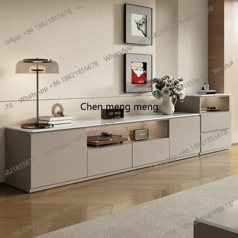 E153 Nordic Luxury Cream Marble TV Stand Coffee Table Set Floor-Standing Solid Wood High-Capacity Storage Living Room Furniture