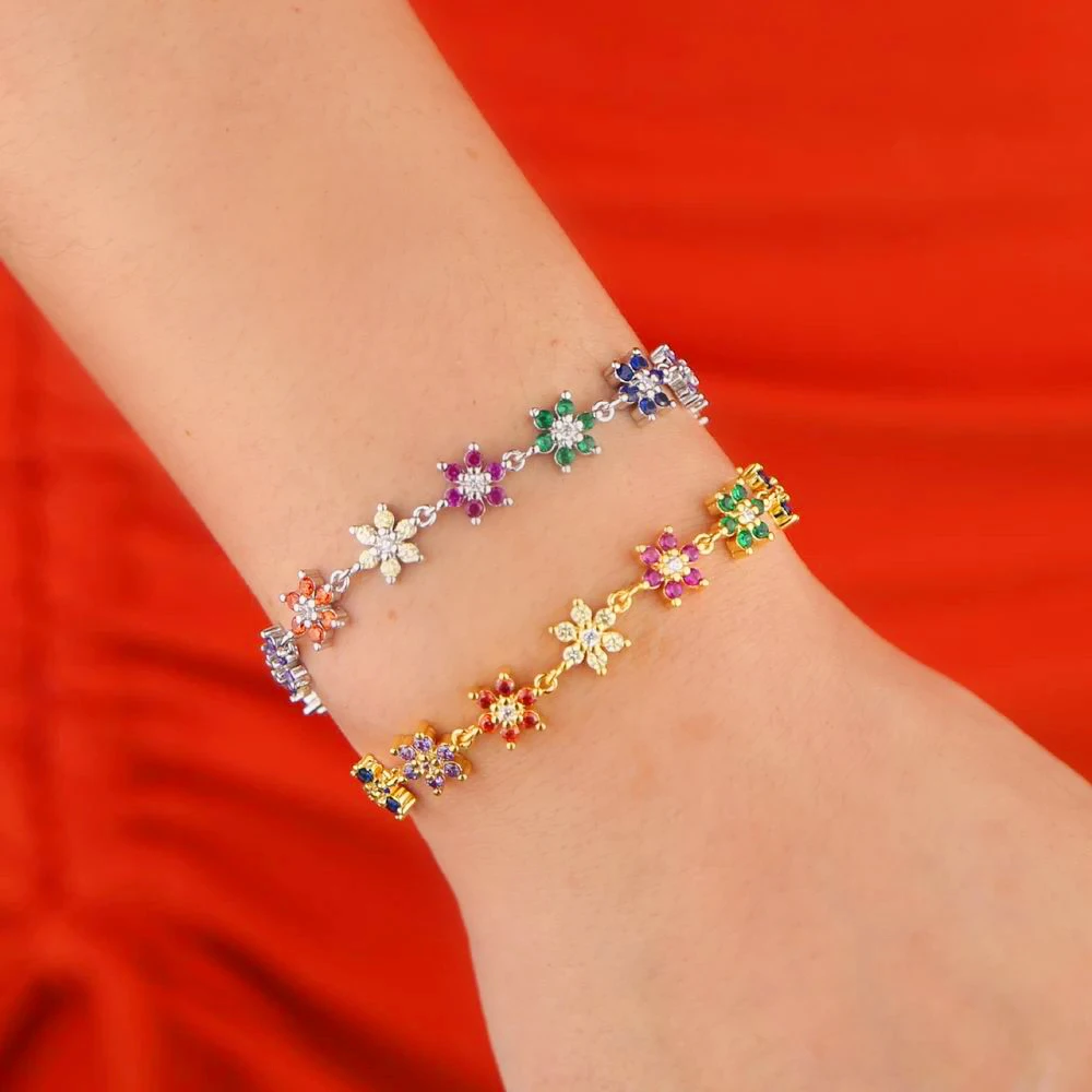 Gold silver Color Red Green Blue CZ Paved Flower Charm Bracelets Bangle Link Rainbow Zircon Stone Fashion Tennis Chain Jewelry