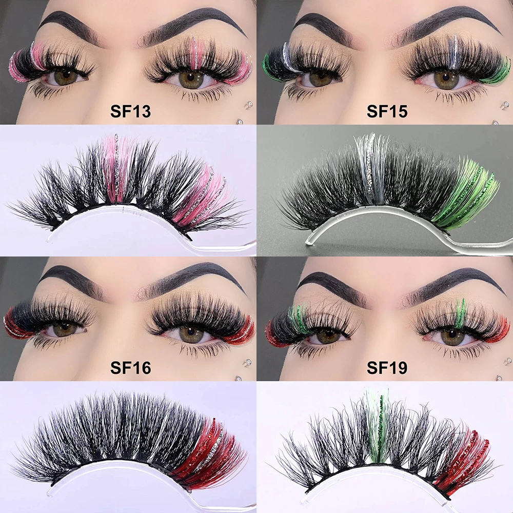 Colored Lashes Bulk Wholesale Fluffy 25MM Mink Eyelashes Glitter Color Lashes Extension Pink White Red Blue 5D Mink Lashes