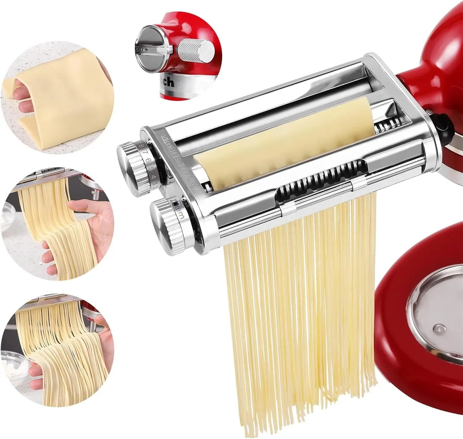 

3-in-1 Pasta Maker Attachment for Stand Mixers with Dough Roller, Spaghetti & Fettuccine Cutters - Unique Design