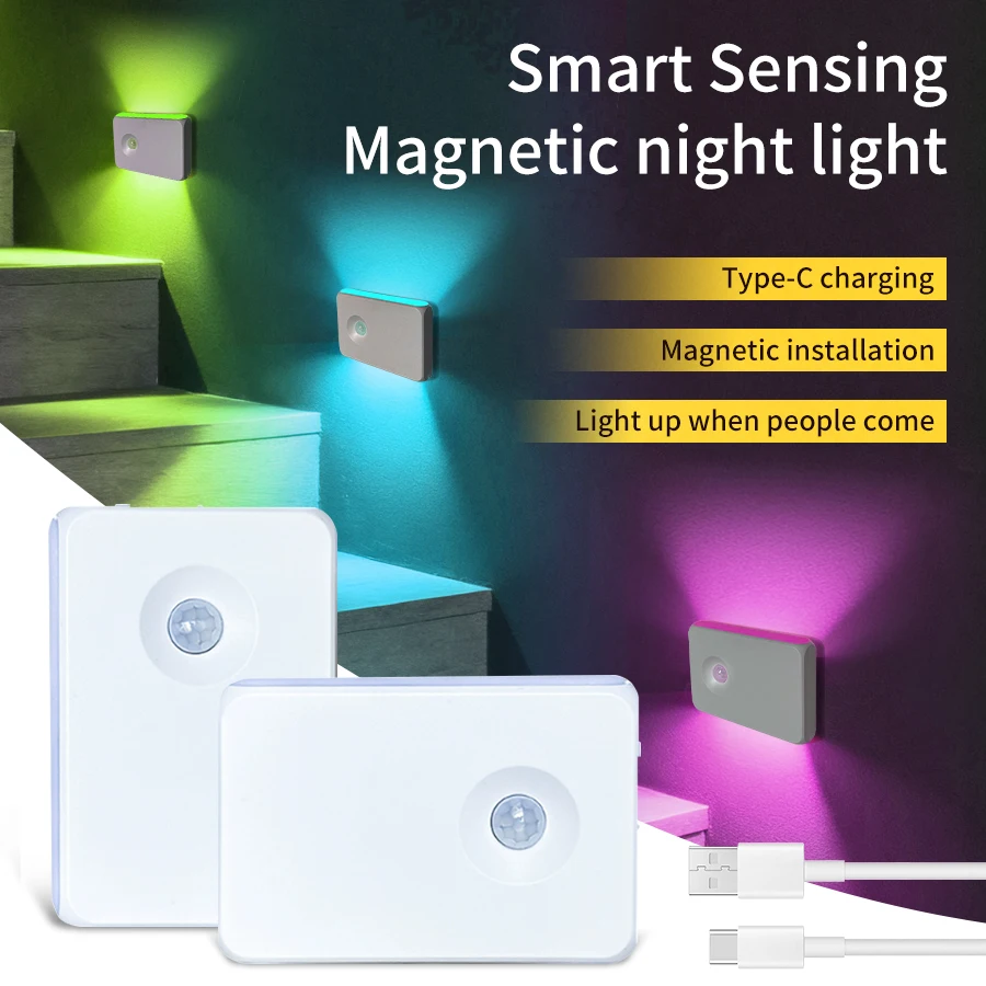 

LED Motion Sensor Night Light Type-C Rechargeable RGB Cabinet Light Wireless Magnetic Wall Lamp for Room Hallways Stair Kitchen