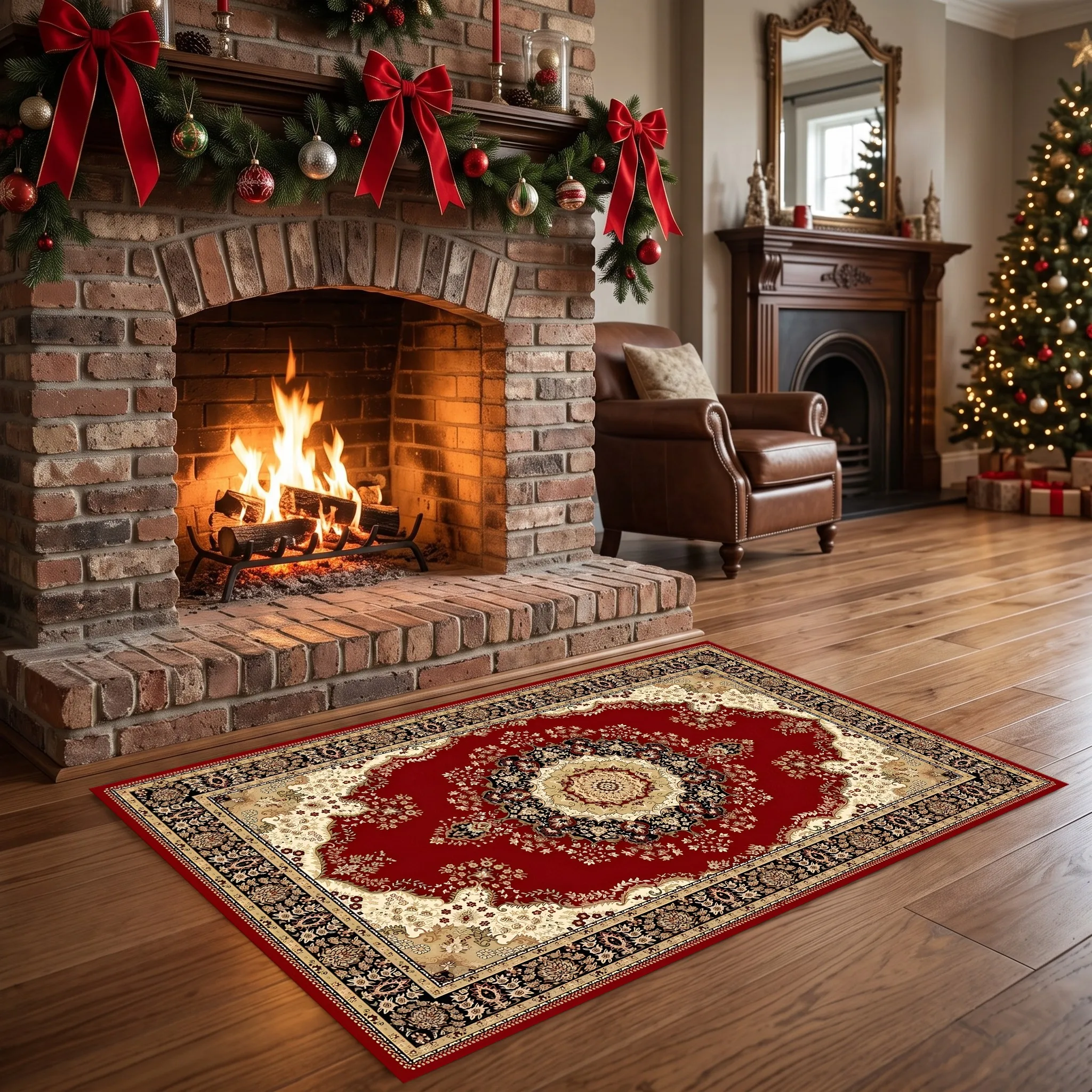 Red Central Floral Vintage Trim Persian Classic Christmas New Year Velvet Rug for Living Room and Bedroom, Warm and Cozy