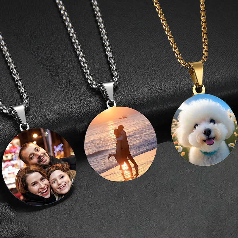 Spark Customized Necklace Colorful Photo Engraved Name Round Pendant Necklace for Men & Women Couple Anniversary Gift