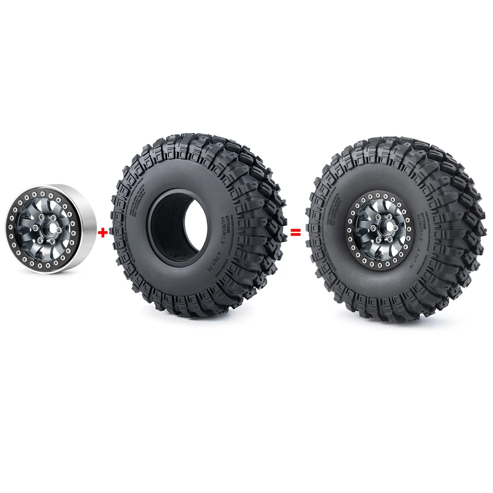 YEAHRUN 4Pcs 1.9 inch Beadlock Aluminum Alloy Wheel Rims Hubs Rubber Tires Set for Axial SCX10 TRX-4 1/10 RC Crawler Car Model