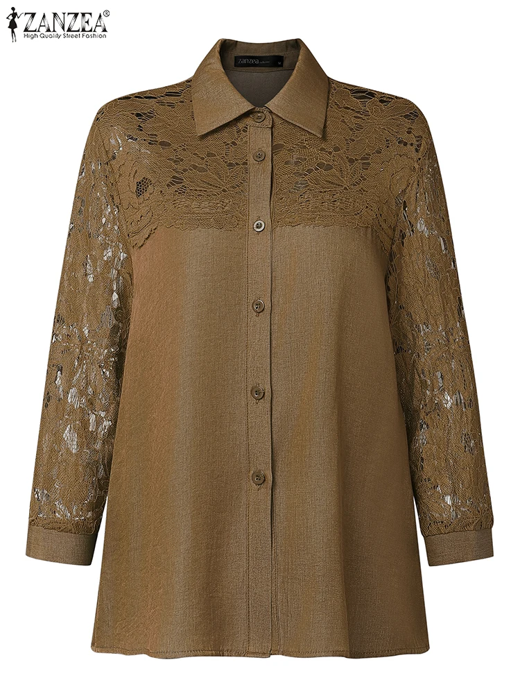 잔제아 우아한 여성 OL 셔츠 패션 오피스 레이디 블라우스 2025 가을 레이스 패치워크 속이 비치는 캐주얼 탑 버튼 블루사 여성용
