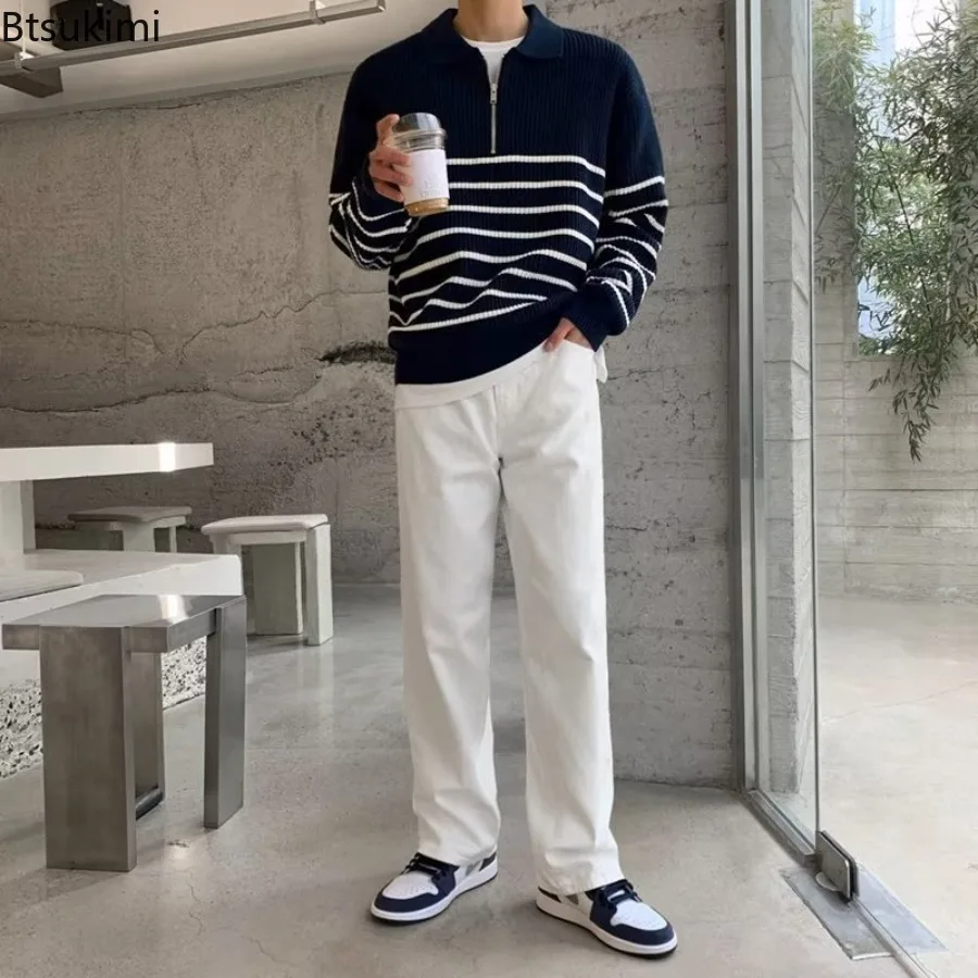 2025 Autumn Winter New Men's Casual Lapel Long Sleeve Sweater Fashion Loose Retro Half Zipper Pullovers Striped Knitted Sweaters