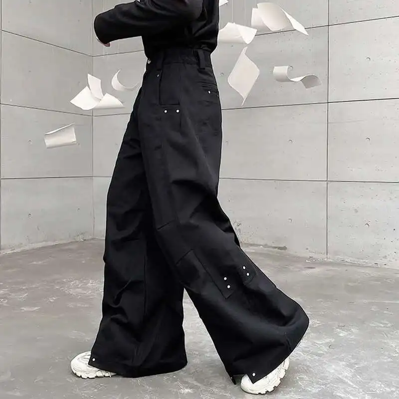

Мужские брюки, темная одежда со складками, свободные широкие брюки, трендовые однотонные новые осенние модные карманные мужские японские брюки