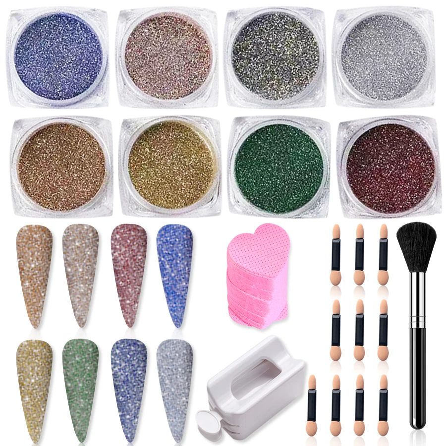 8Pcs Reflective Glitter Powder Nails Kit Nail Powder Box Cotton Pads and Nail Brush Sponge Brush Set