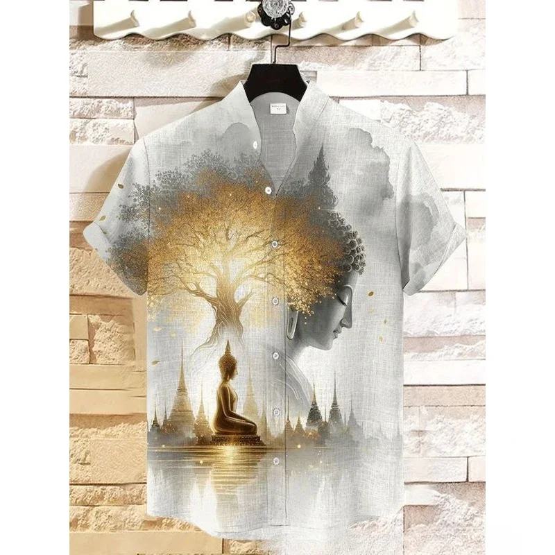 Vintage Buddha Statue Print Mens Short Sleeve Shirt Men's Buddha's Light Linen Blend Shirts Stand Collar Tops Casual Clothing