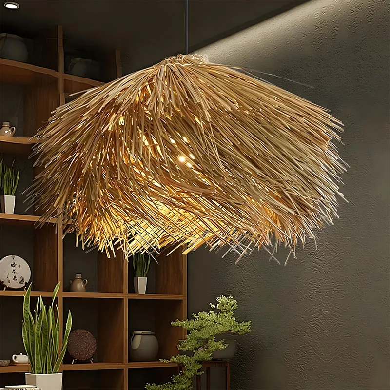

Vintage Hand Woven Rattan Chandelier Japanese Wabi Sabi Led Pendant Lights for Bar Loft Restaurant Living Room Decor Lustre
