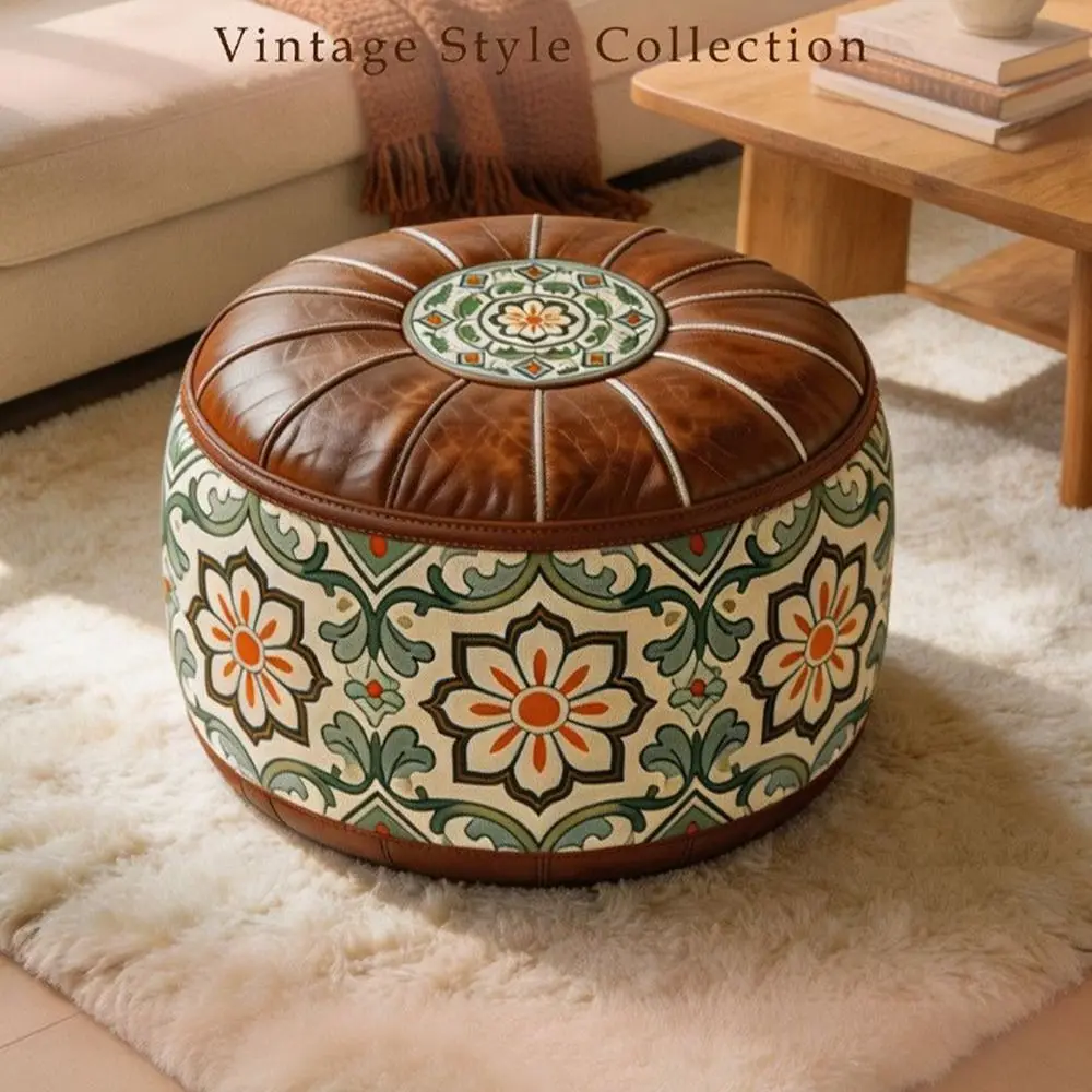 New PU Leather Fillable Ottoman Pouf Embroidered Pattern Moroccan Style Storage Ottoman Round Shape Round Pouf Cover Home Use