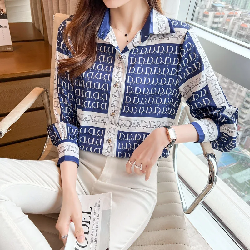 Women Letter Printed Chiffon Shirts Elegant Chic Loose Long Sleeve Blouse Temperament Fashion Comfortable Loose Tops