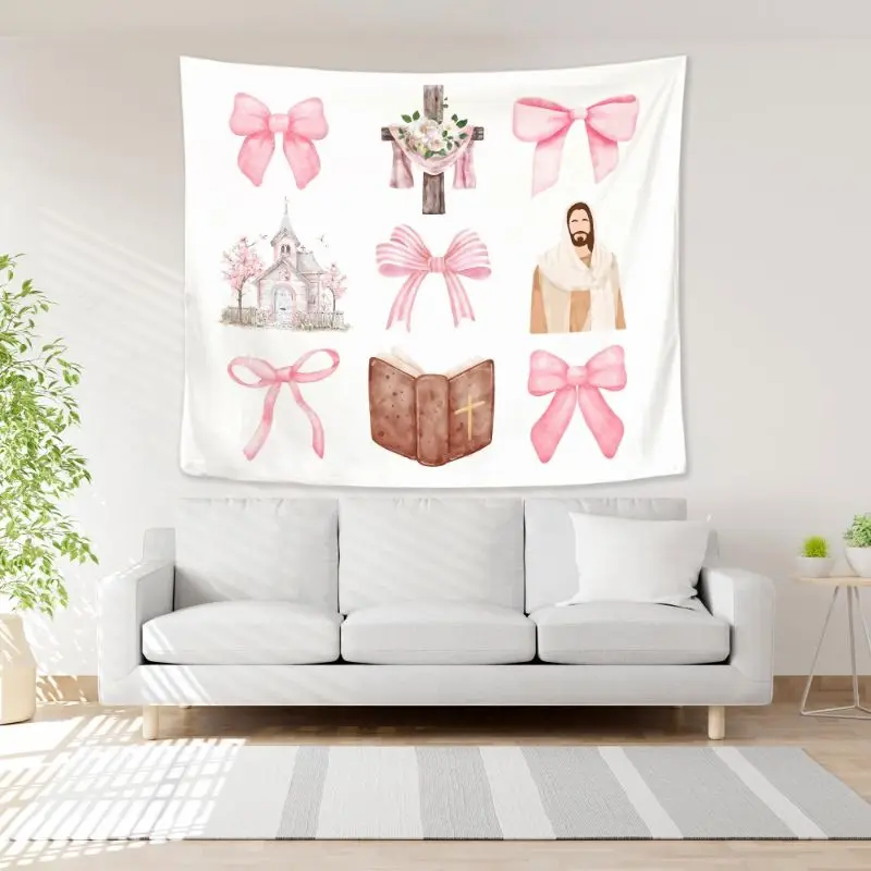 VIKAMA Pink Bow Christian Tapestry, Jesus Cross Scripture Wall Hanging, Gentle Style Wall Decor for Bedroom Dormitory Home