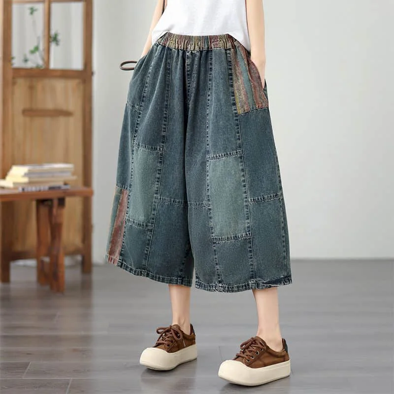 

Denim Capri Pants Women 2026 Summer Wear Patchwork Vintage Elastic Waisted Harem Jeans Casual Loose Streetwear Women Clothing