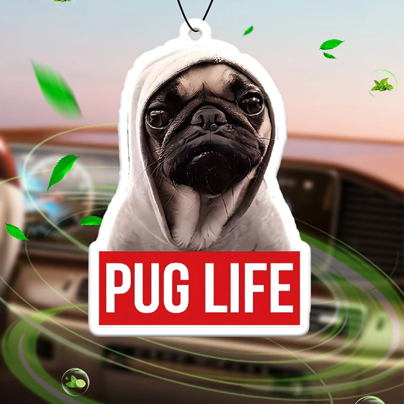 Pug Life Cute Pug Bahamian Sea Breeze Scent (Romantic Flavor) Car Air Freshener |   Rearview Mirror Hanger & Dual-Purpose Air Vent Clip |   Natural Material Aromatherapy Tablets |   Long-Lasting Fragrance for 90 Days |   Alcohol-Free |   Not Afraid of Direct Exposure to the Sun |   Designed Specifically for Odor Removal in Cars, Closets, and Bathrooms. |   Cartoon Animation Graphics |   Unisex |   Luxury Goods