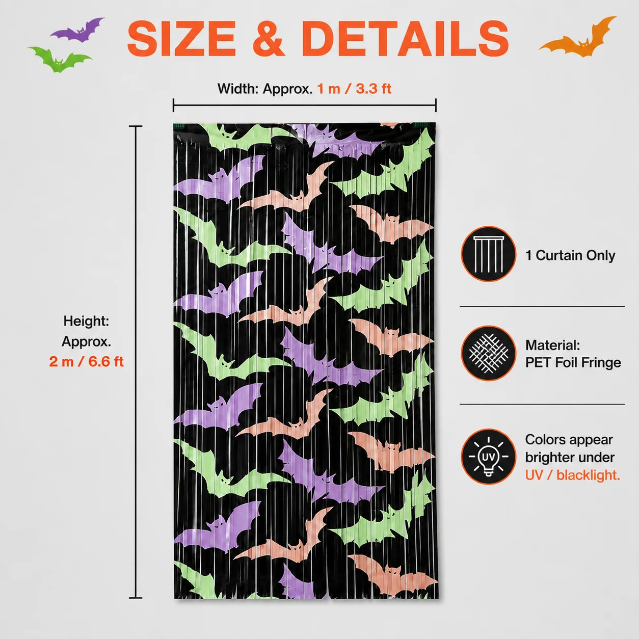 Halloween Bat PET Foil Fringe Curtain 1x2m UV Reactive Party Backdrop Doorway Tinsel Decoration for Blacklight Photo Booth