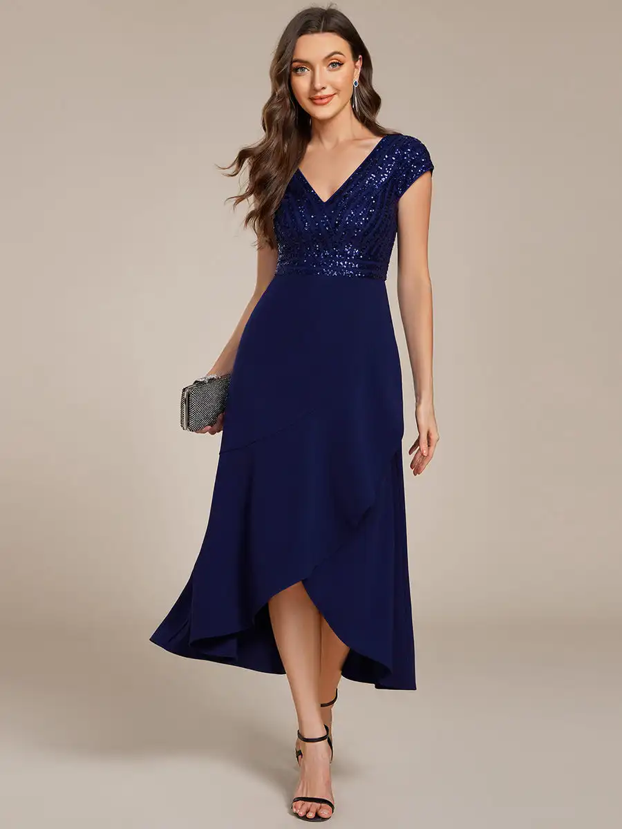 

Elegant Evening Dresses Short Sleeve V-Neck Asymmetrical Hem Paillette Detail 2025 Ever Pretty of Navy Blue Formal Evening Dress