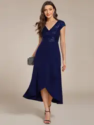 Elegant Evening Dresses Short Sleeve V-Neck Asymmetrical Hem Paillette Detail Ever Pretty of Navy Blue Formal Evening Dress