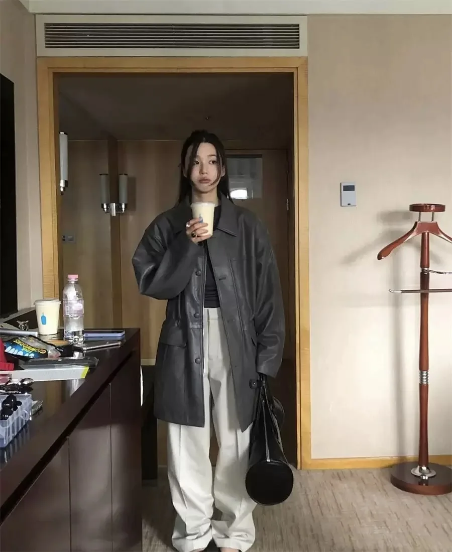 

Faionable Waist-Cinching Midi Leather Jaet Smooth Autumn Winter New Arrival Women's Collar Single Button Closure Pur...