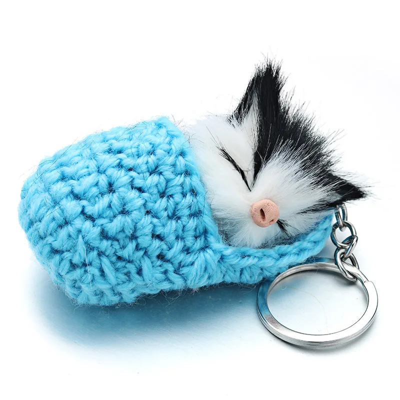 Lovely Sleeping Cat Pompom Keychains Faux Rabbit Fur Cute Kitten Handmade Woven Fluffy Key Chains For Women Girls Gift Car K381