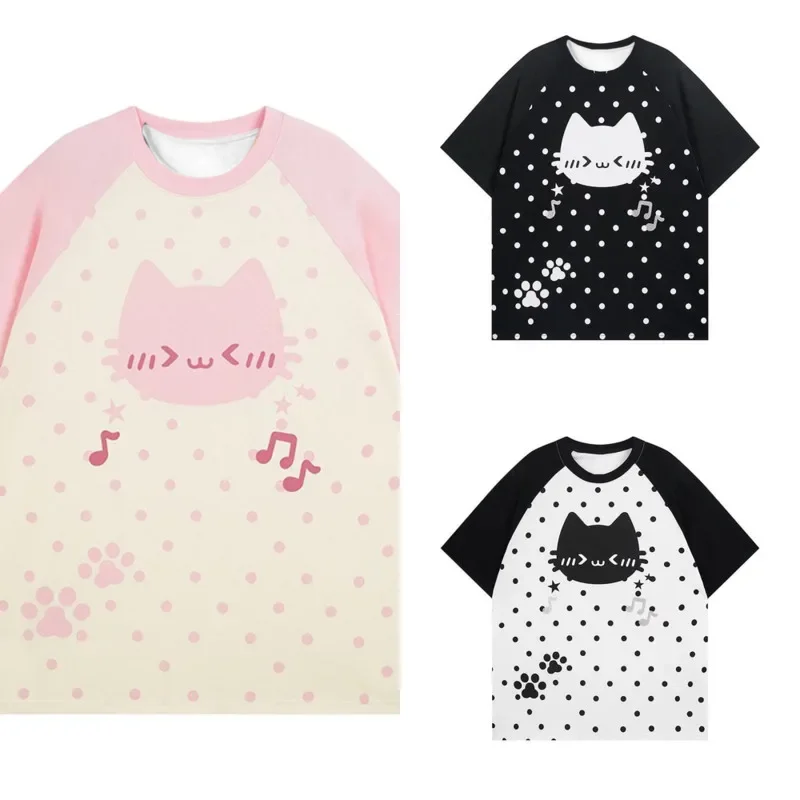 Adorable Style for Adults and Children! Polka Dot Cat T-shirt with Musical Notes – A Must-have for Sweet and Cool Girls!