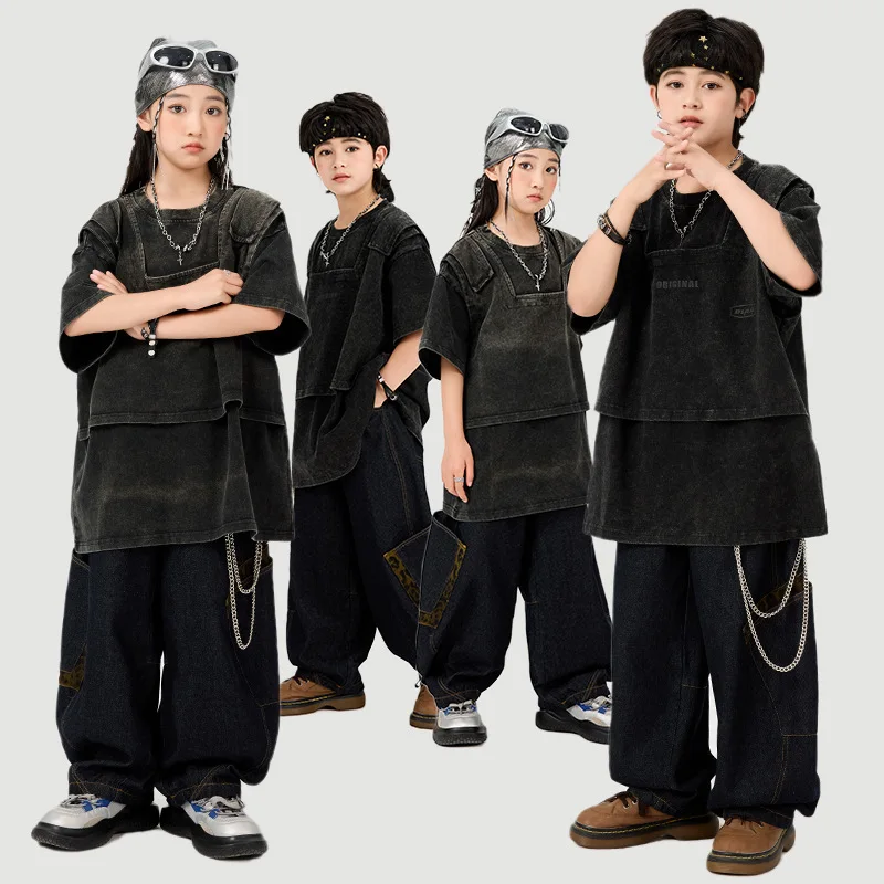 

Kid Kpop Hip Hop Clothing Black Fake 2 Piece T Shirt Denim Casual Leopard Pocket Jeans Pants for Girl Boy Dance Costume Clothes