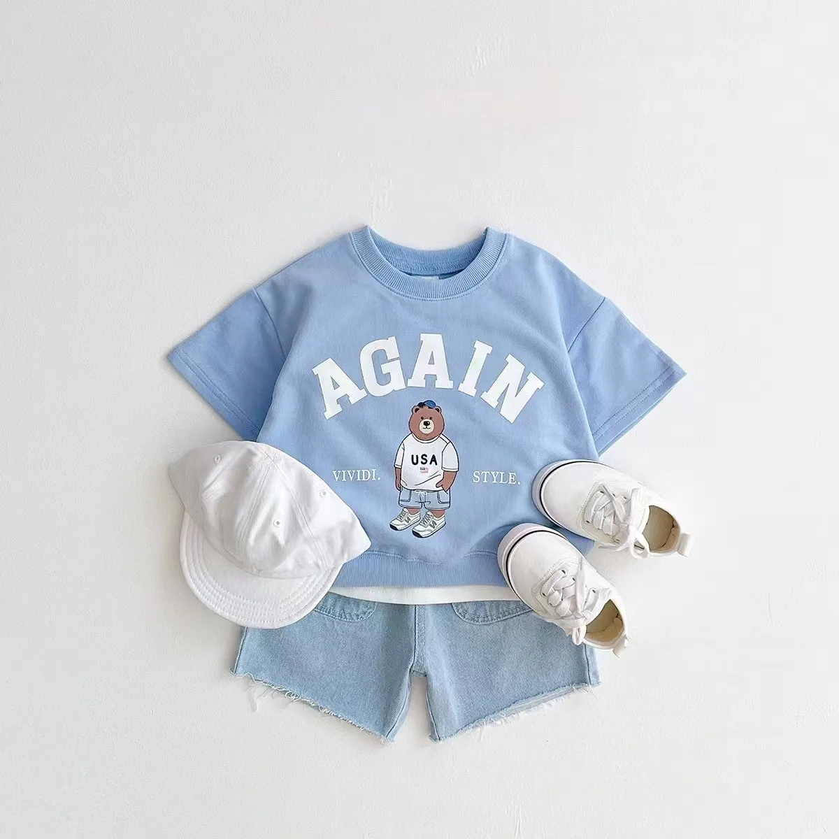TZ22077 Children Cloth Set Summer&Spring Bear T shirt+Shorts for Newborn Baby Casual Jogger Set 2 Pieces for Toddler Boys&Girls