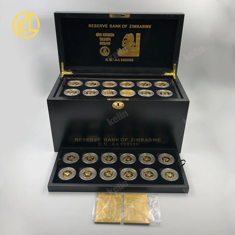 Free Fedex Shipping 216pcs Gold plated Metal Zimbabw Banknote Coin wooden box set with certificates for VIP Clients Gifts