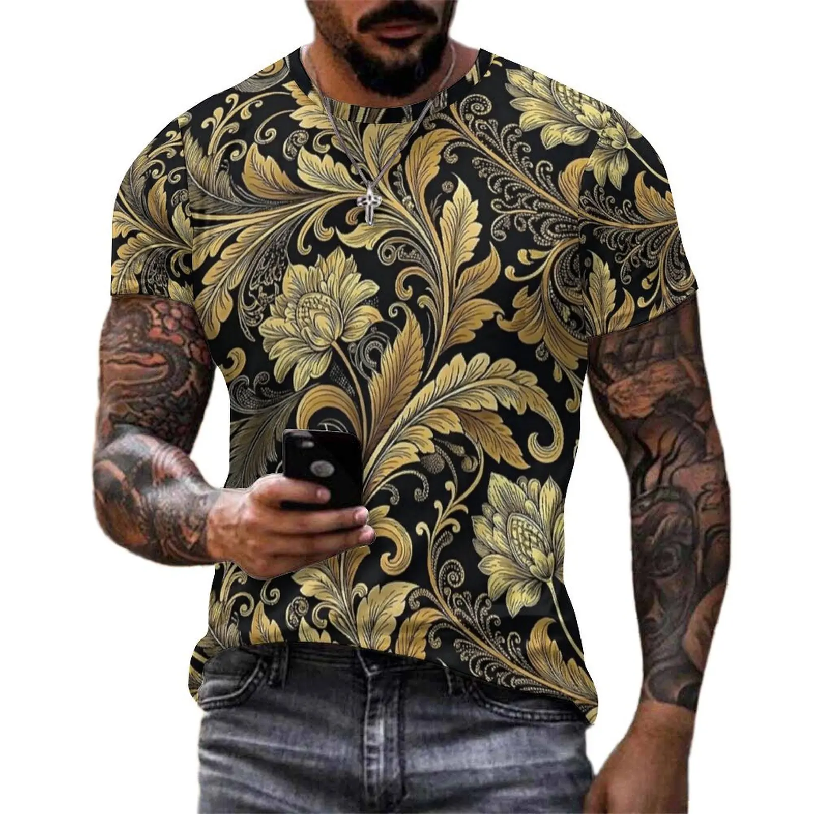 Premium T-Shirt Vintage Golden Lotus Damask Floral T Shirts  Funny Hip Hop Tees For Couple Short Sleeve Graphic Plus Size Tops