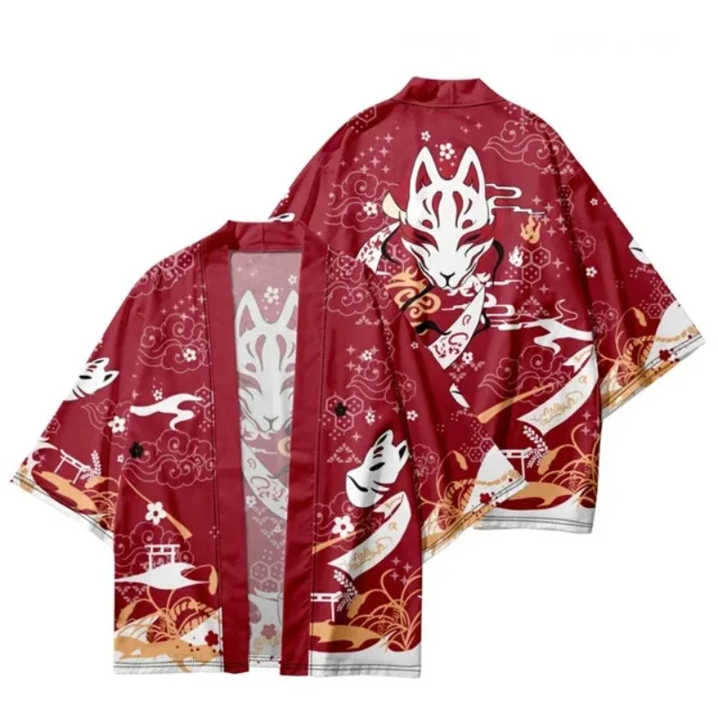 Summer cartoon nine-tailed fox printed kimono female male Japanese Haoli street wear cardigan yukata Cosplay