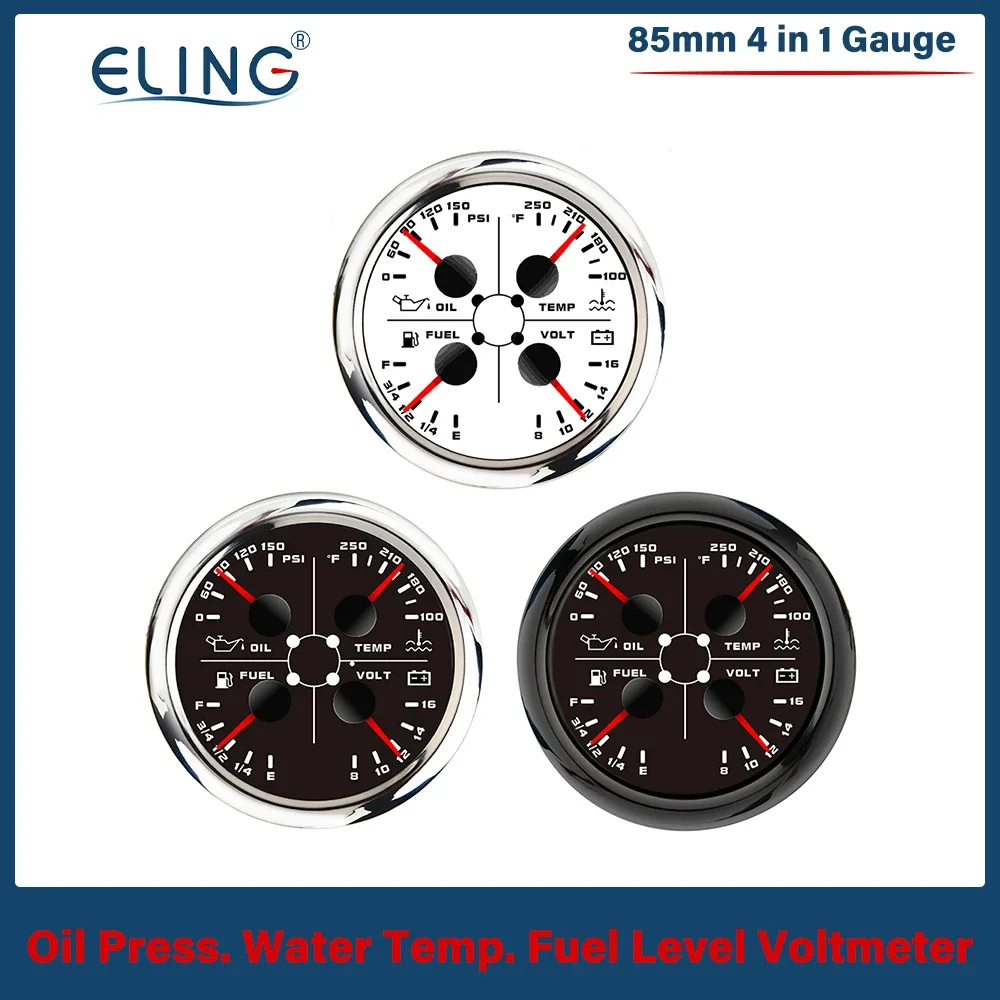 ELING Newest 85mm 4 in 1 Gauge 0-150PSI Oil Pressure Water Temp Fuel Level 8-16V Voltmeter with Light Alarm for RV Car Boat