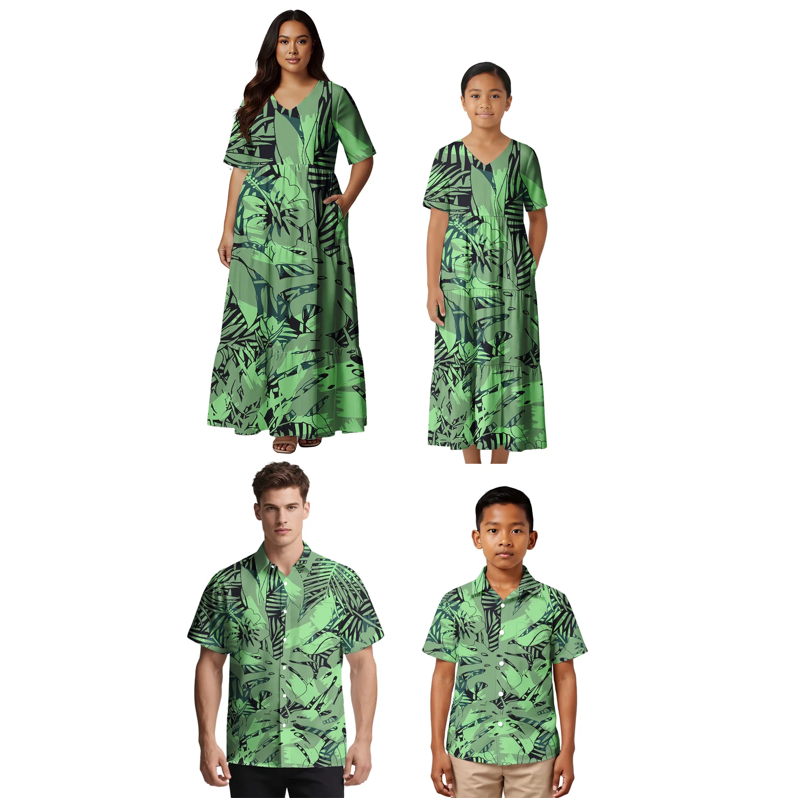 

Hawaiian Royal Blue Custom Family Suit Samoan Father Shirts Polynesian Mother Long Dresses Family 4 Piece Outfits Children Wear