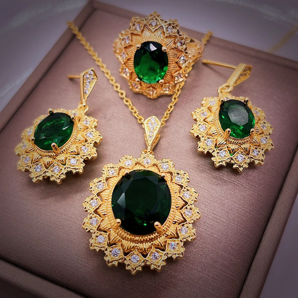 Foydjew Italian Vintage Luxury High Quality Artificial Emerald Jewelry Sets Rings Earrings Pendant Necklaces Banquet Accessories