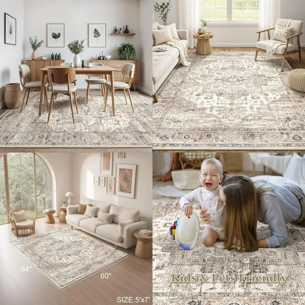 

Vintage 5x7 Washable Soft Rugs for Living Room with Non-Slip Backing, Suitable for Bedroom, Dining Room, and Home Office in Tea