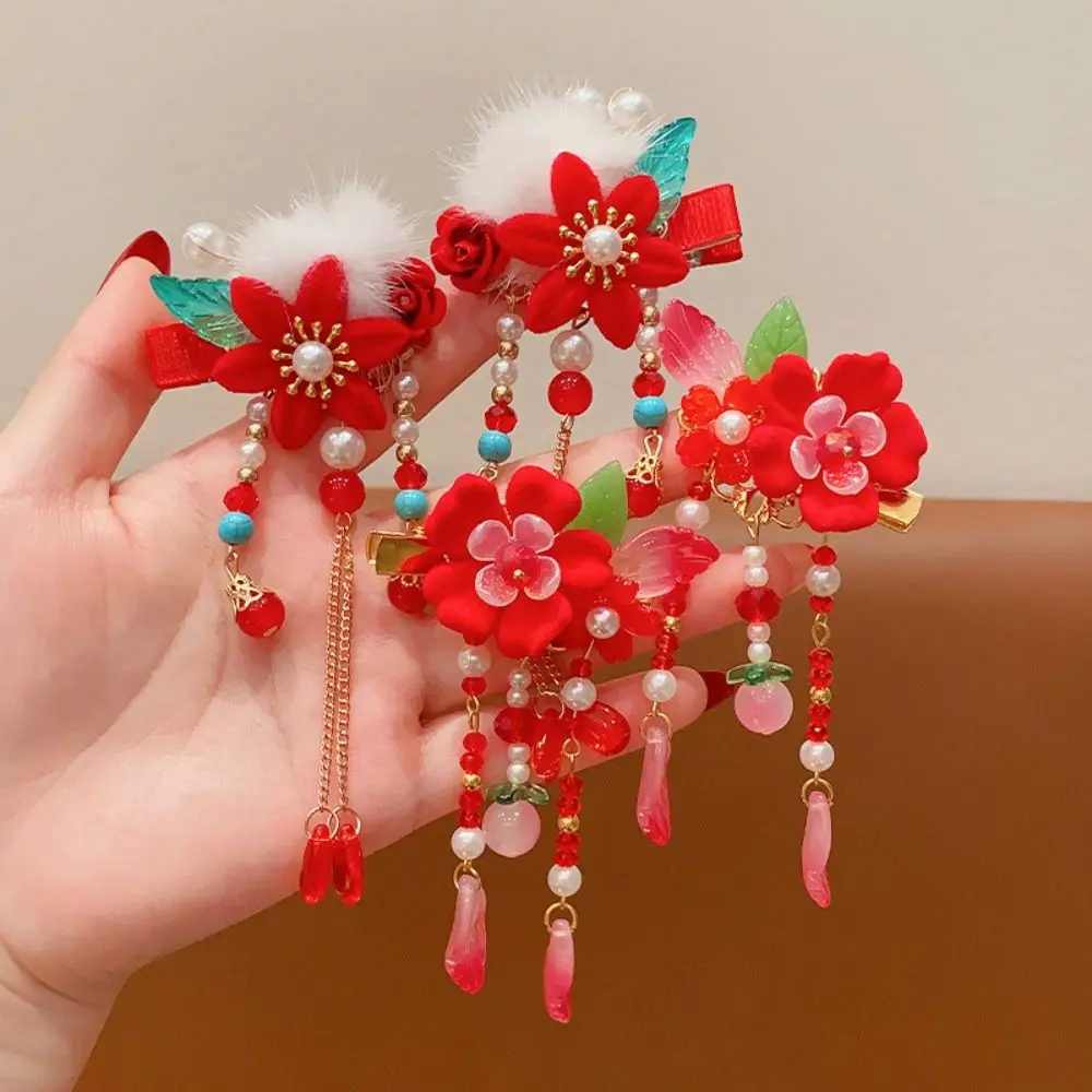 Cute Tassel Children Red Hairpin Plush Flower Hanfu Hair Sticks Bowknot Girl Hair Accessories Chinese New Year Headwear Girls