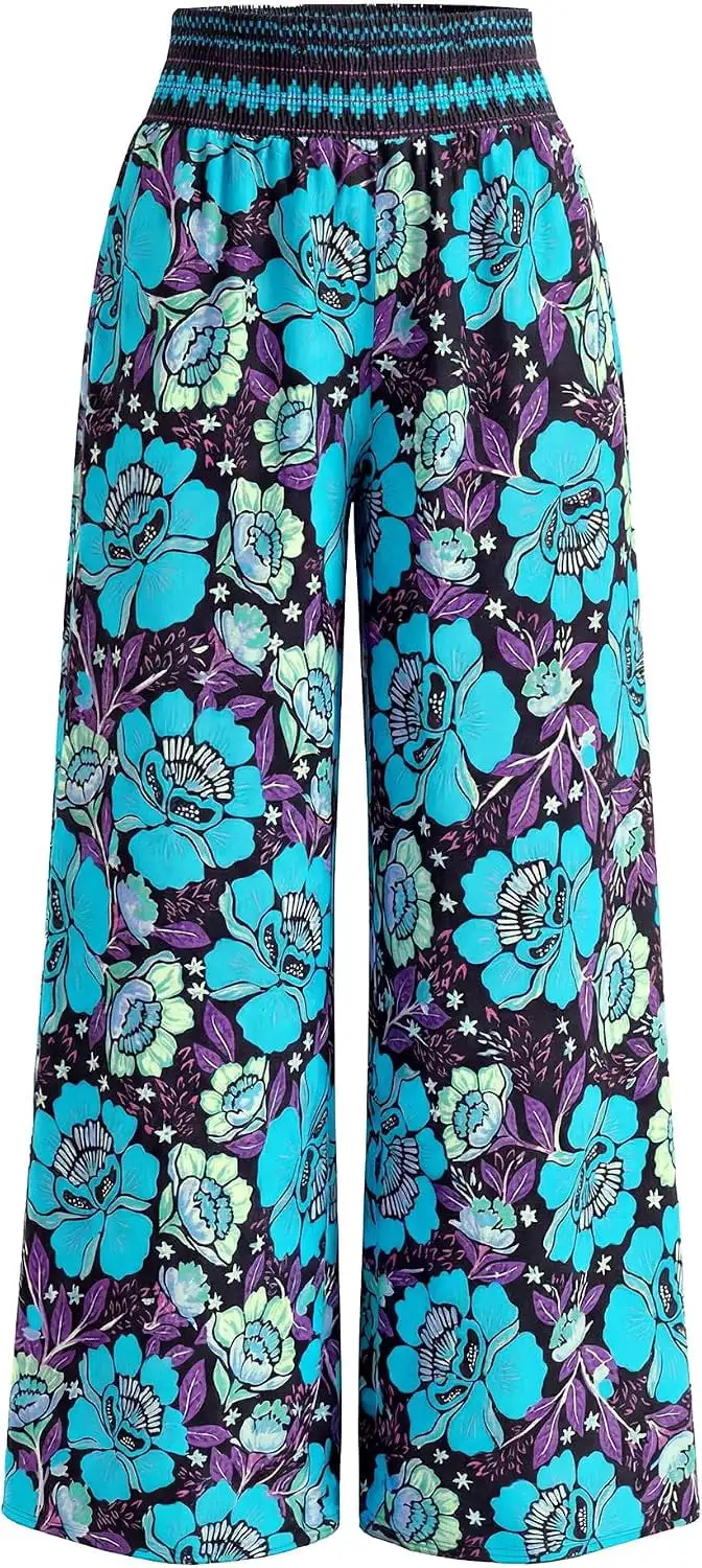 Wide leg pants 2026 summer smoked waist flower pants, pretending to be spring beach vacation women's clothing