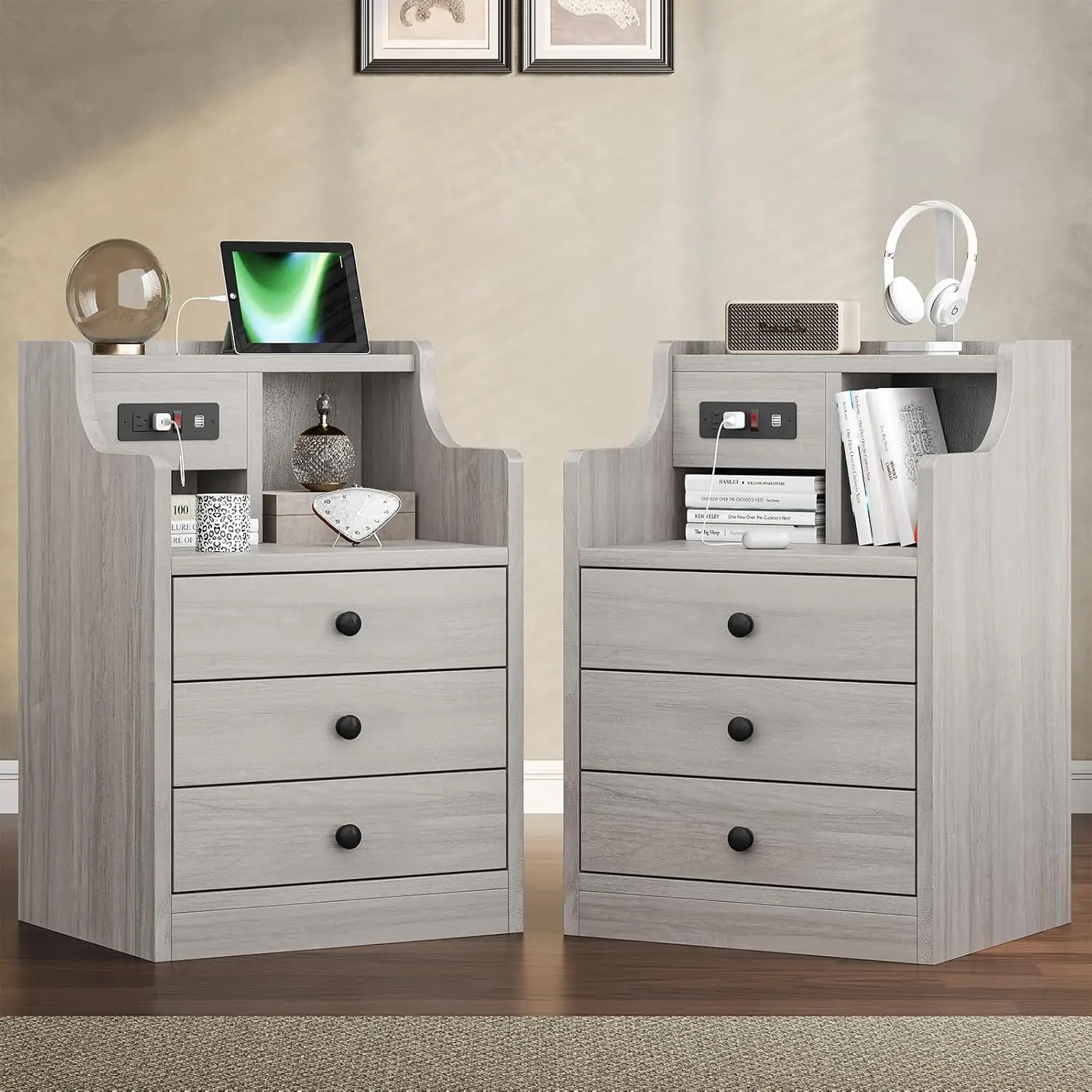 

Nightstand Set 2, Grey Night Stands with Hutch and Charging Station, Nightstand with 3 Drawers for Bedrooms Set of 2, M