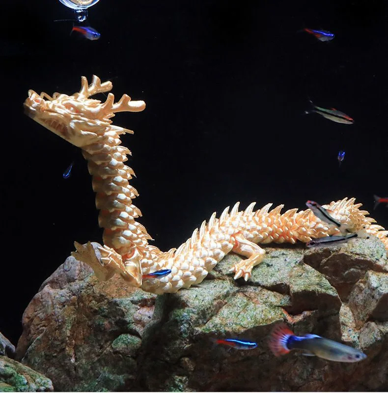 Aquarium scenery decoration, 3D printed jointed dragon Chinese dragon figurine, water plants, and rockery