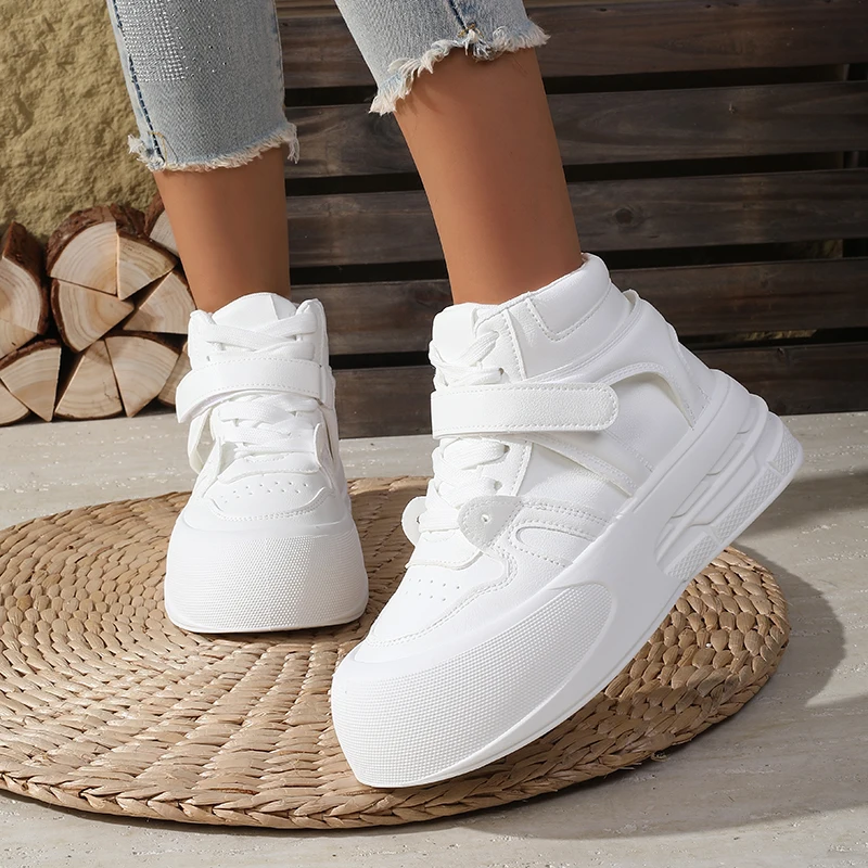 

2025 A/W Women's High-Top Platform Shoes - Soft Sole (No Fatigue), Thick Round-Toe, Stylish, Comfy, White Sneakers w/ Height Inc