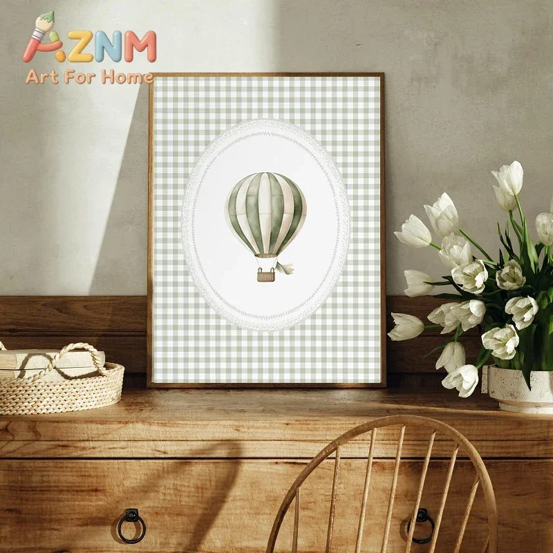 AZNM Watercolor Cute Bear Airplane Hot Air Balloon Canvas Wall Art Vintage Striped Gingham Art Print Unframed Canvas Poster for