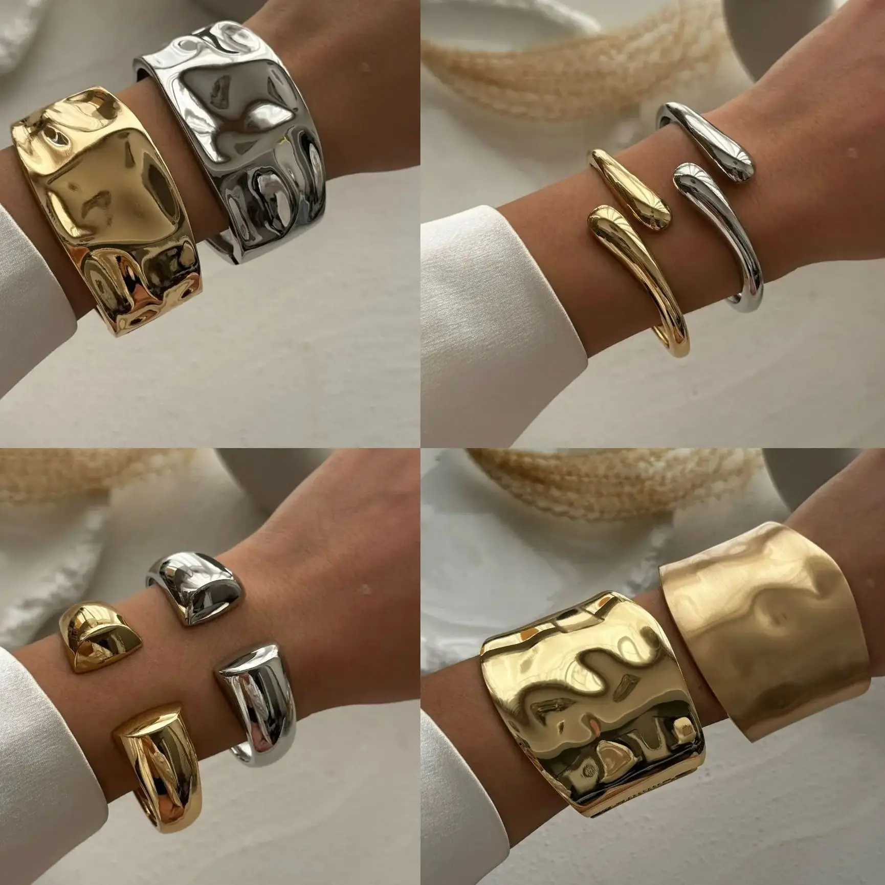 DIEZI Punk Hip Hop Geometric Cuff Bangles Exaggerated Irregular Gold Silver Color Metal Spring Bangles For Women Men Bracelet