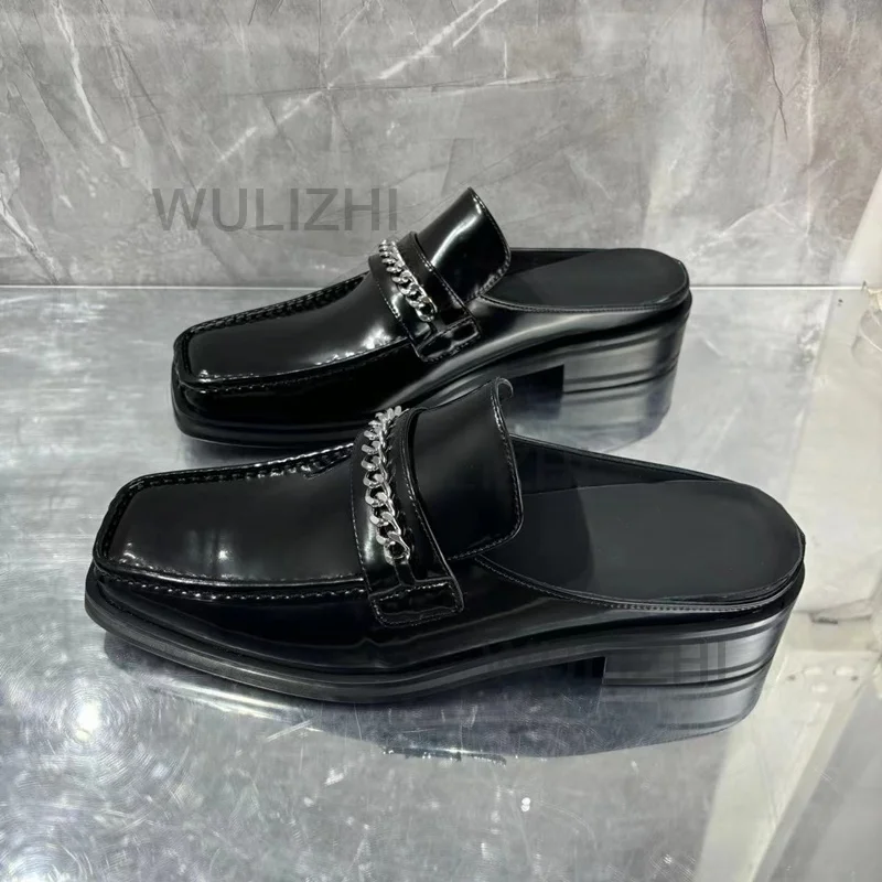 Black Square Toe Genuine Leather Men Mules Casual Metal Chain Design Slippers Summer Party Slingback Loafers Low Heel Flat Shoes