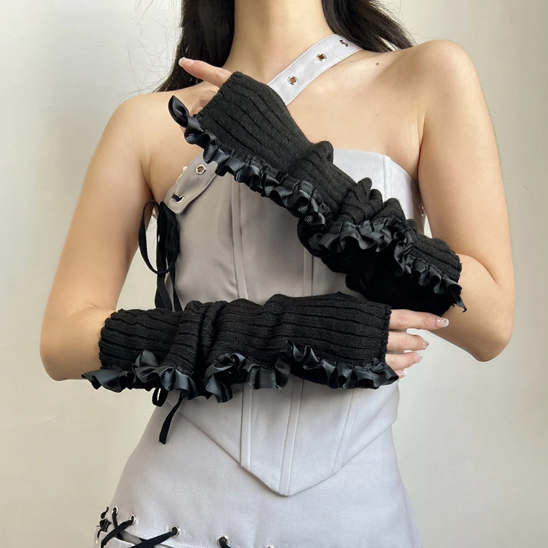 مرونة لينة طويلة الكشكشة أكمام أذرع تبريد أبلى عارضة الزخرفية متماسكة أصابع قفازات السيدات حزب الملحقات