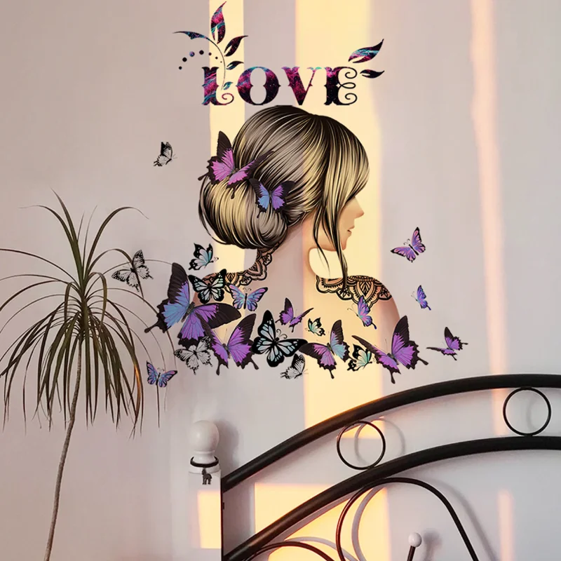 English Love Girl Butterfly Wall Sticker DIY Background Wall Living Room Bedroom Home Decoration Sticker Waterproof Antifouling