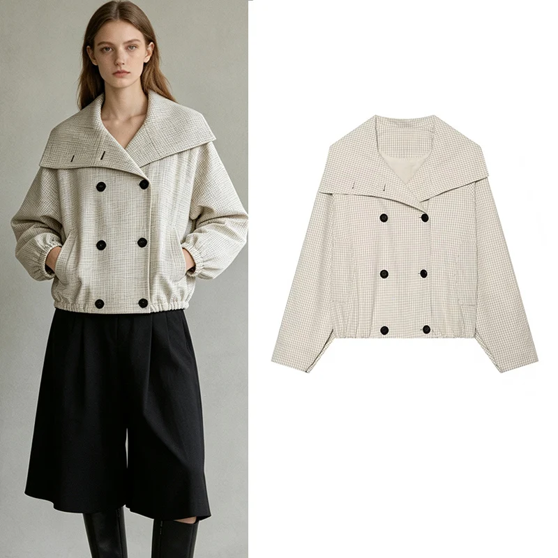 Women's Vintage Plaid Jacket Double Breasted Oversized Raglan Sleeve Short Coat  Retro Autumn 2026 Fashion Outerwear with Wide