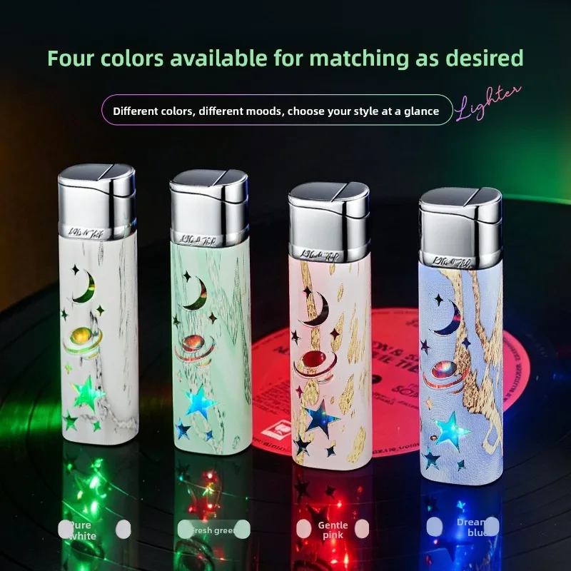 New Fashionable Hollowed-out Translucent Seven-color Flashing Inflatable Windproof Direct-flame Lighter, Personalized Gift